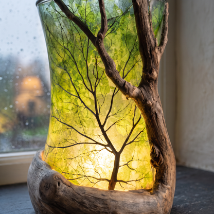 Close-up of the leaf glass and tree silhouette