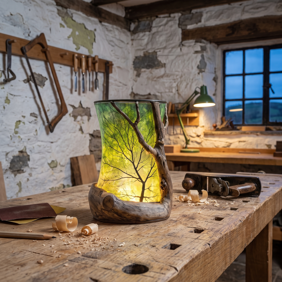 The lantern on the workbench in Alwyn's stone workshop
