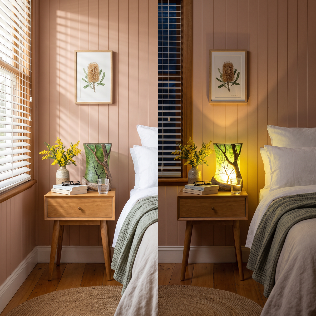 The lantern on a bedside table by day and by night