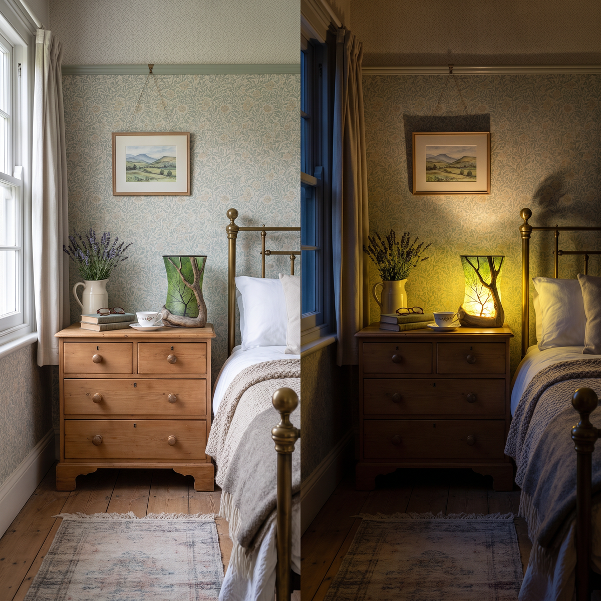 The lantern on a bedside table by day and by night
