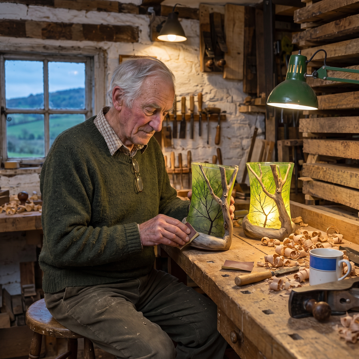 Alwyn sanding a lantern base by hand