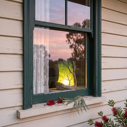Merv's Red Gum Lantern glowing in a farmhouse window at dusk