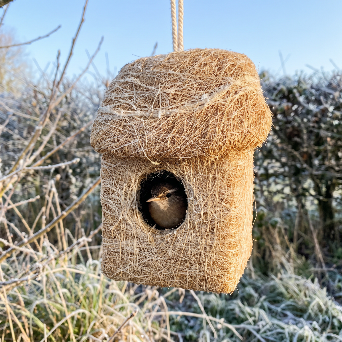 A wren peeking out of the roosting hut entrance