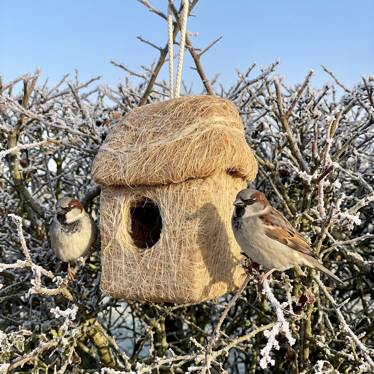 House sparrows beside the roosting hut in a frosty hedge