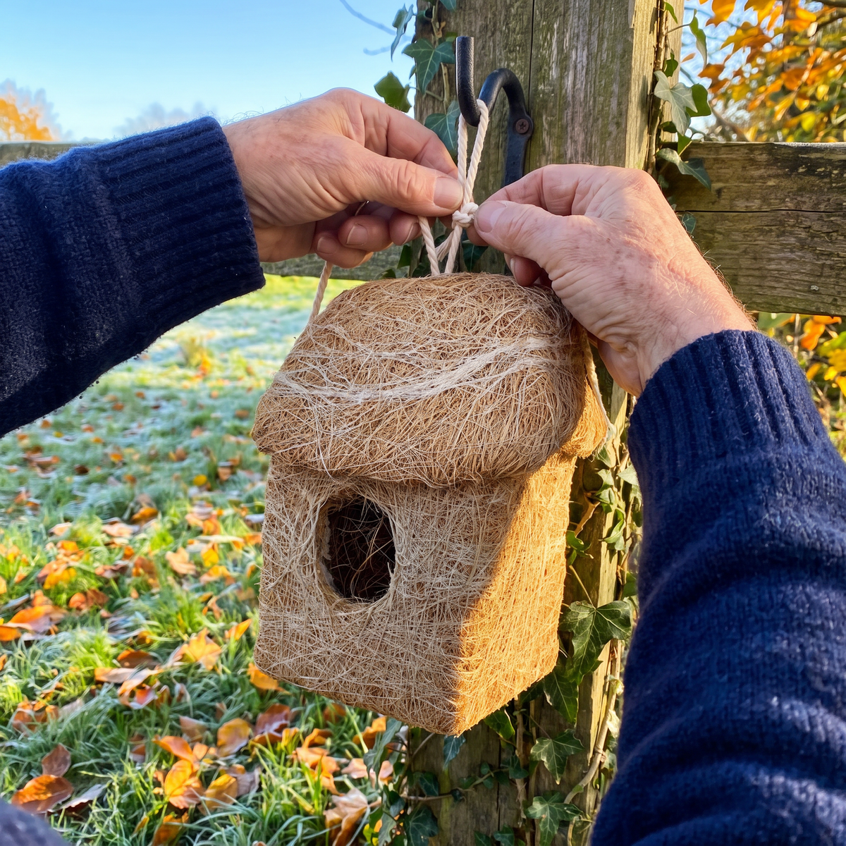 Hanging the roosting hut on a fence post by its cotton cord
