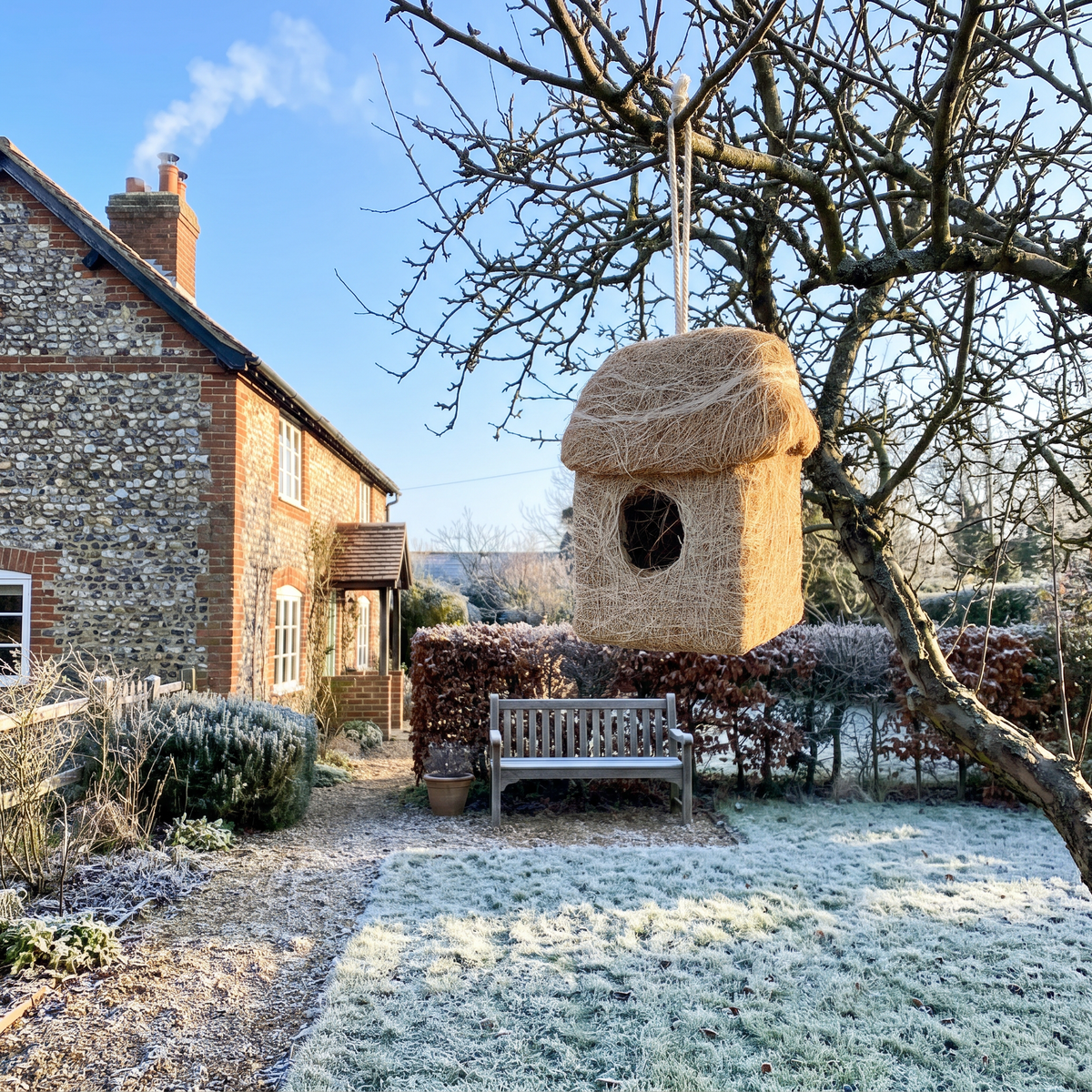 Roosting hut in an apple tree in a frosty English garden
