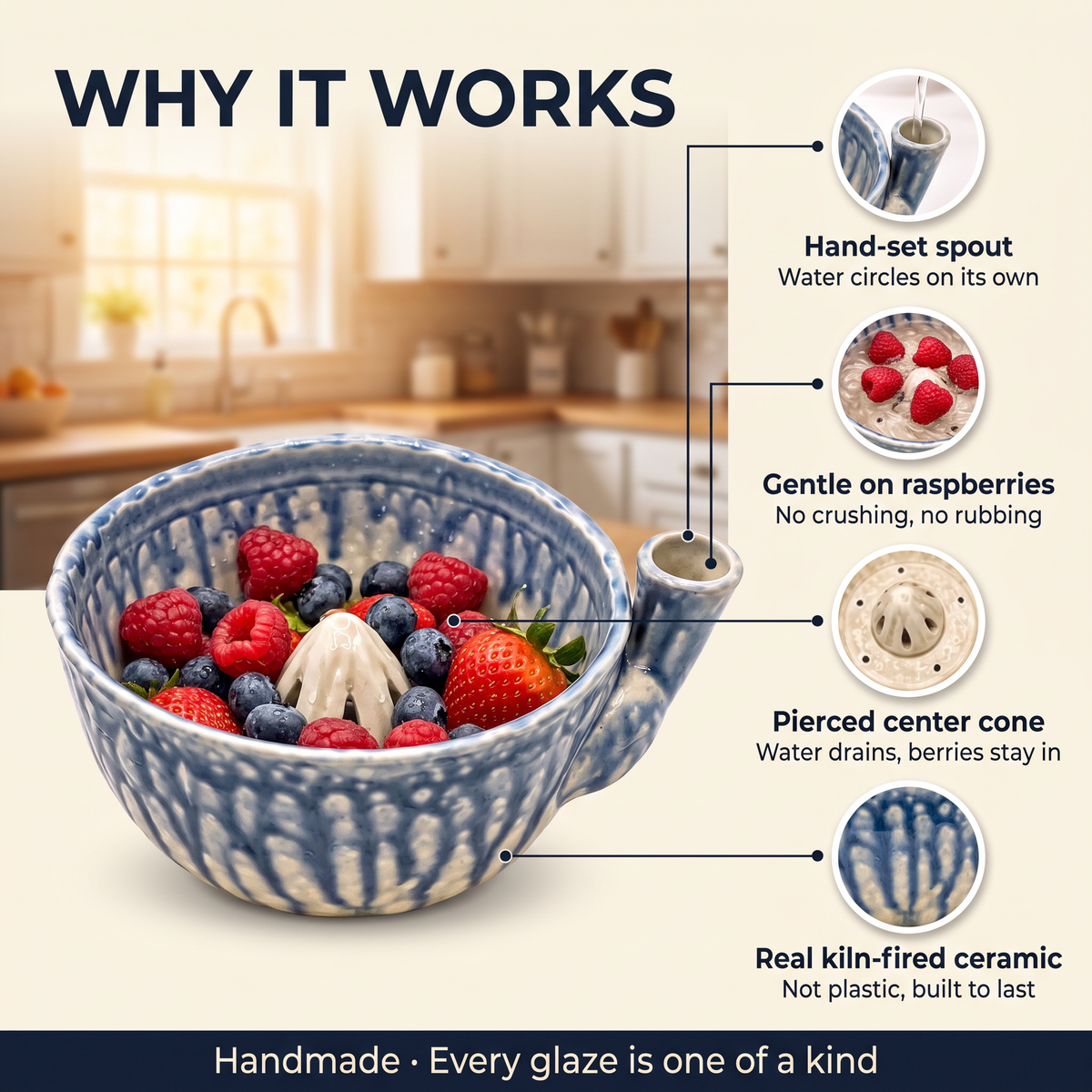 Why it works: hand-set spout, gentle on raspberries, pierced cone, real ceramic