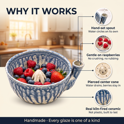 Why it works: hand-set spout, gentle on raspberries, pierced cone, real ceramic