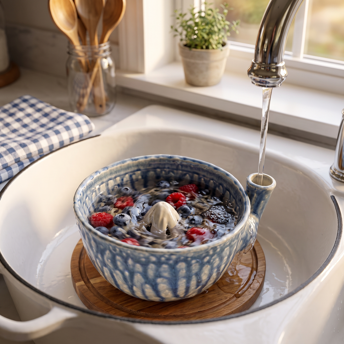 Lake Michigan Blue berry bowl rinsing berries under the tap
