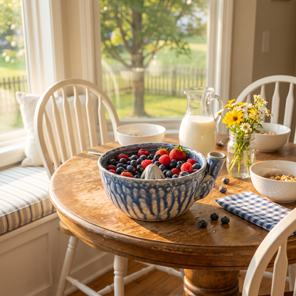 Ardith's Berry Washing Bowl in Lake Michigan Blue on a breakfast table
