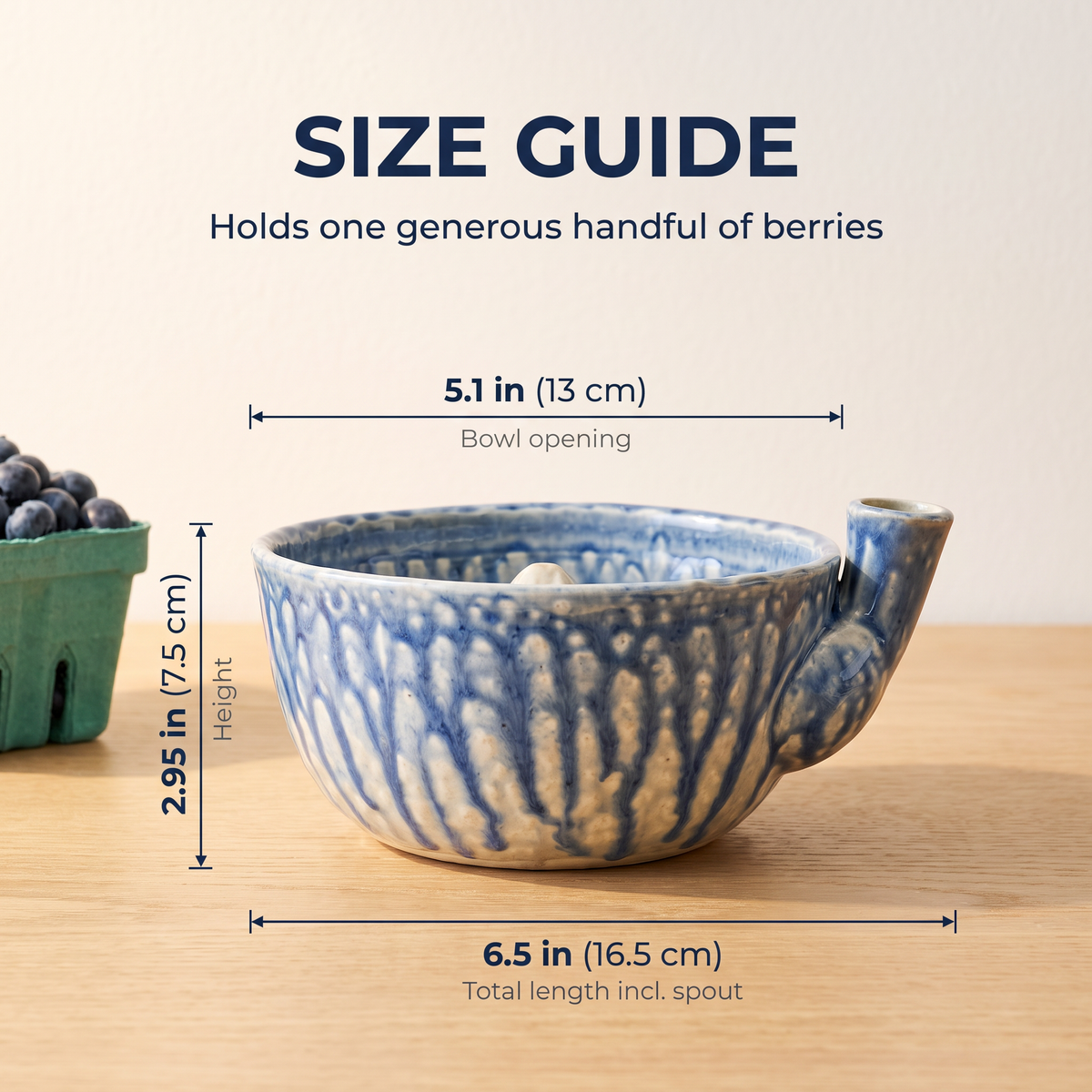 Size guide: 5.1 in opening, 2.95 in tall, 6.5 in long