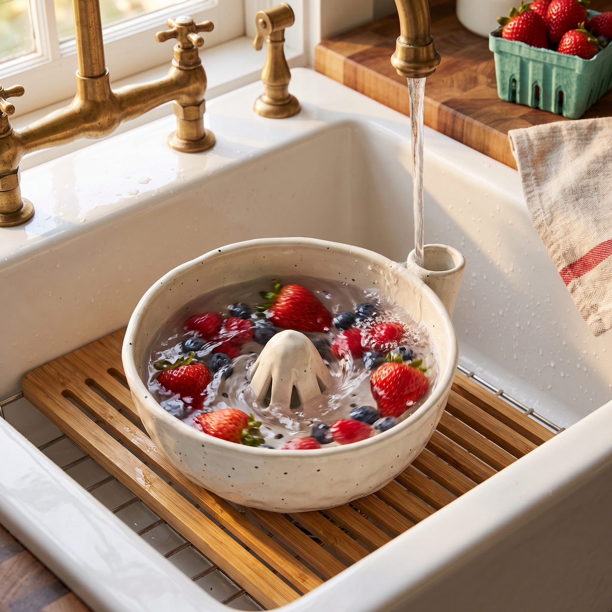 Dune Cream berry bowl rinsing berries under the tap