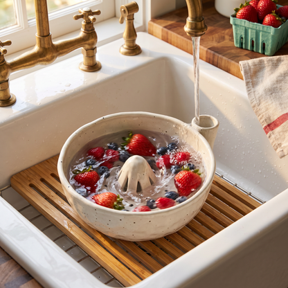 Dune Cream berry bowl rinsing berries under the tap
