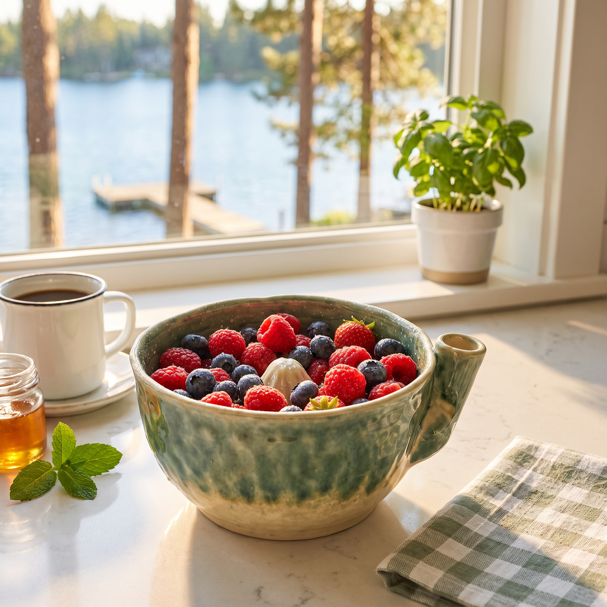 Ardith's Berry Washing Bowl in Leelanau Sage with fresh berries by a lake-house window