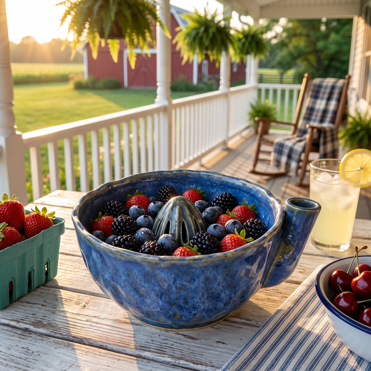 Ardith's Berry Washing Bowl in Deep Cobalt with fresh berries on a farmhouse porch