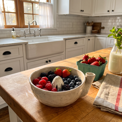 Ardith's Berry Washing Bowl in Dune Cream with fresh berries in a farmhouse kitchen