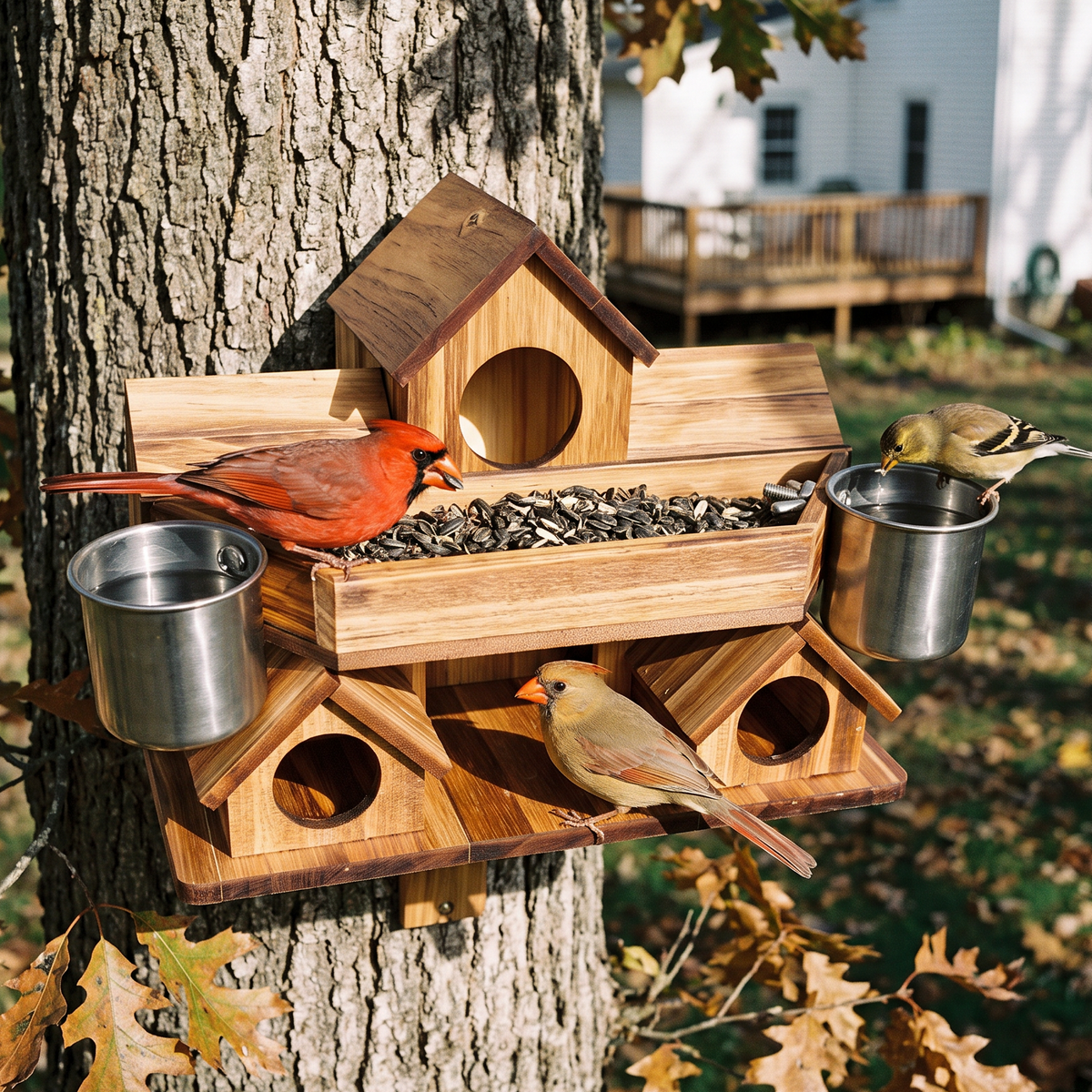 The Supper Table mounted on an oak trunk with cardinals and a goldfinch