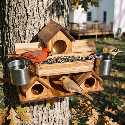 The Supper Table mounted on an oak trunk with cardinals and a goldfinch