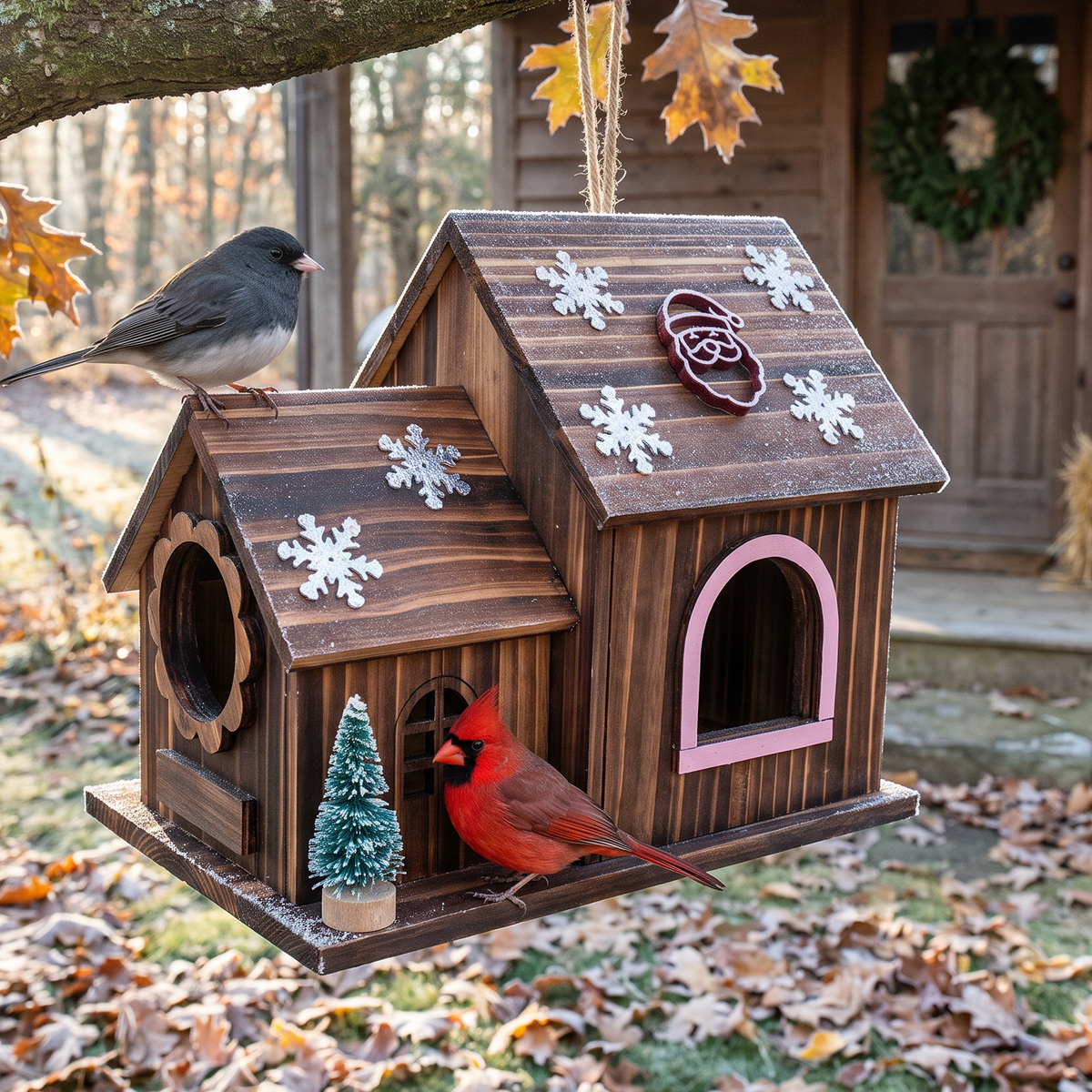 The Christmas House hanging in a frosty oak with a cardinal and a junco