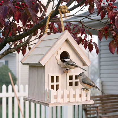June's Cottage birdhouse hanging on jute cord in a red dogwood with a chickadee and a tufted titmouse