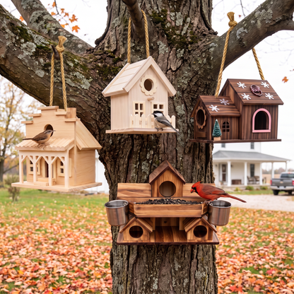 All four of Orval's Main Street birdhouses in an autumn maple, three hanging on jute cord, the Supper Table on the trunk