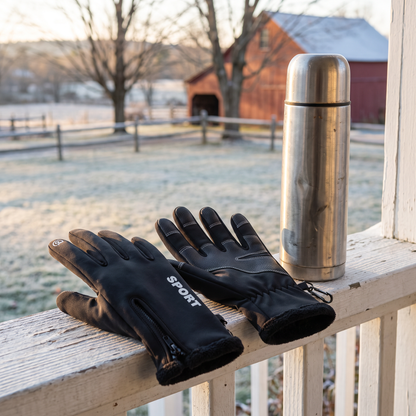 Lowell's Windproof Winter Gloves in Sport Black on a farmhouse porch railing