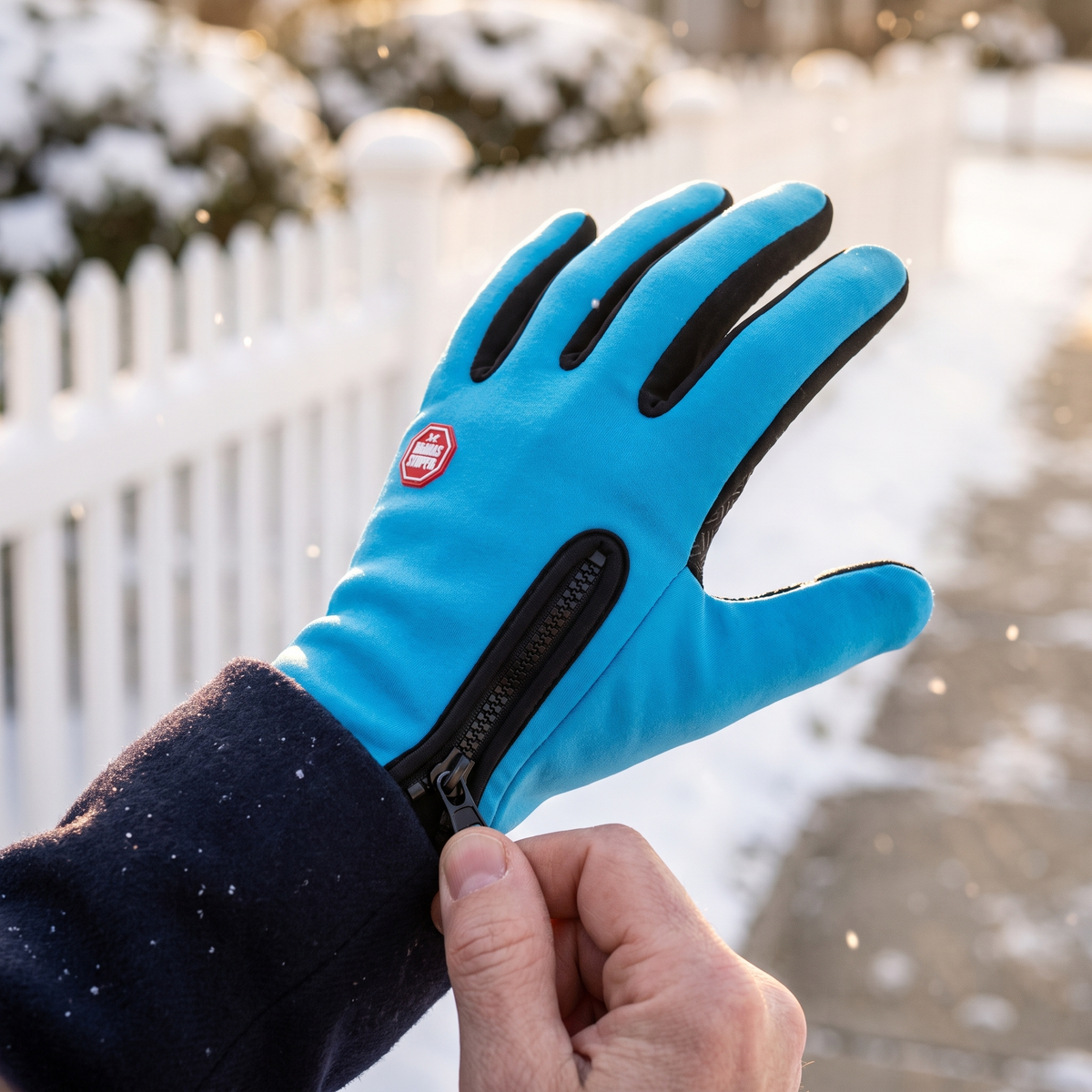 Closing the Storm Cuff zip on a Sky Blue glove