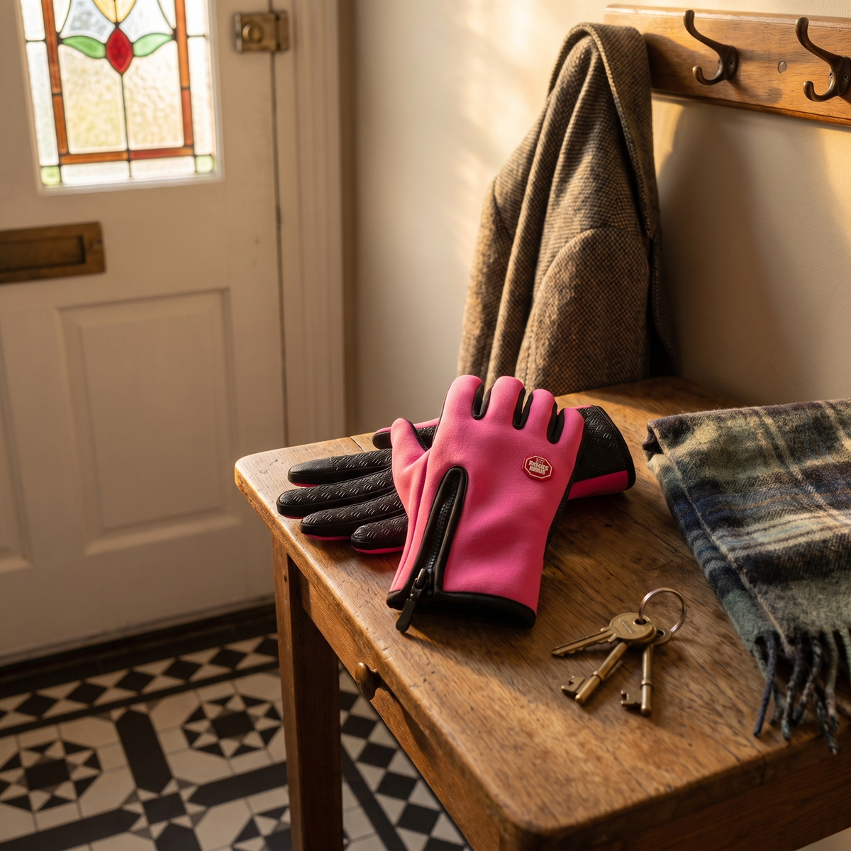 Rose Pink winter gloves on a Victorian hall table