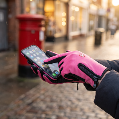 Rose Pink glove using a phone touchscreen on a high street