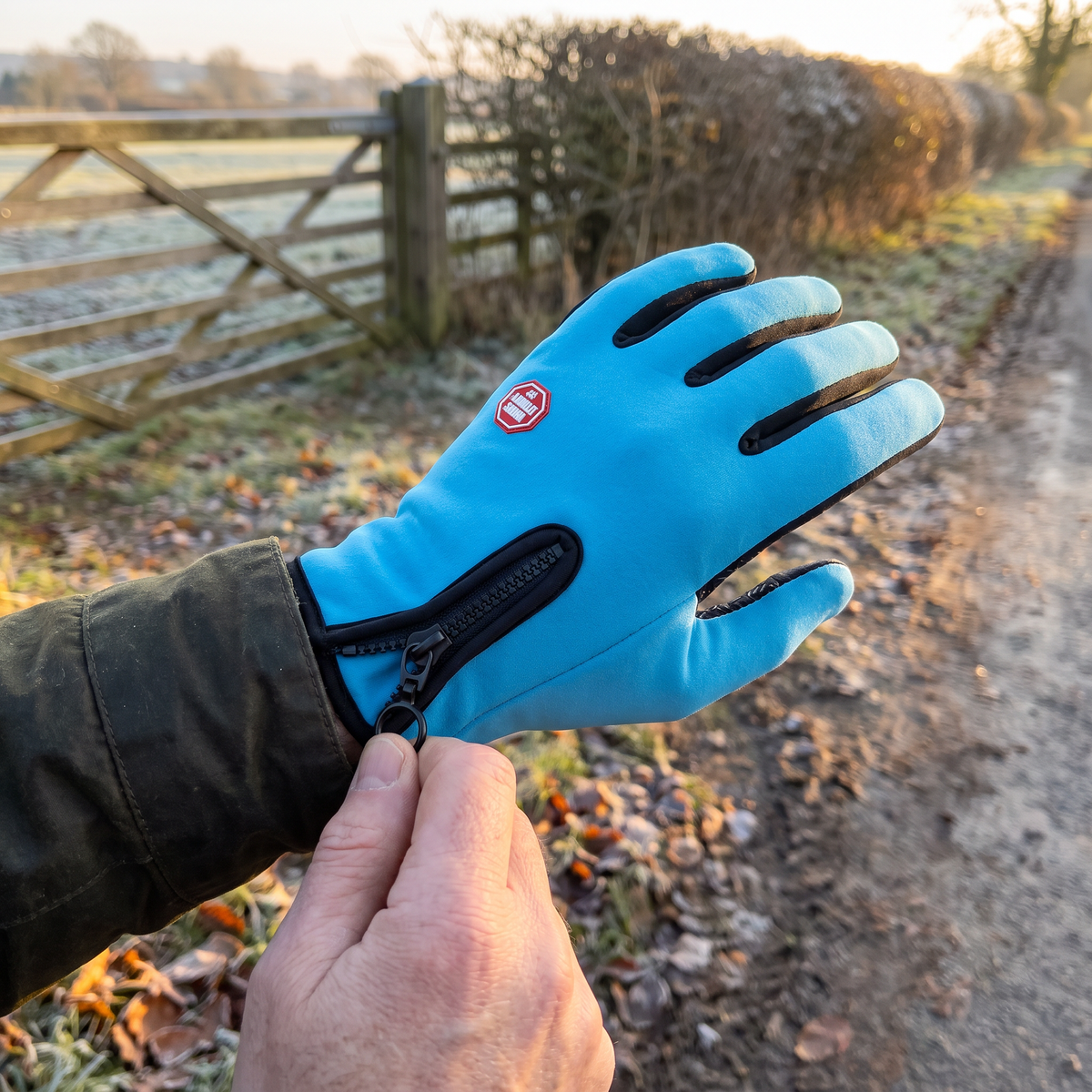 Closing the Storm Cuff zip on a Sky Blue glove over a waxed jacket