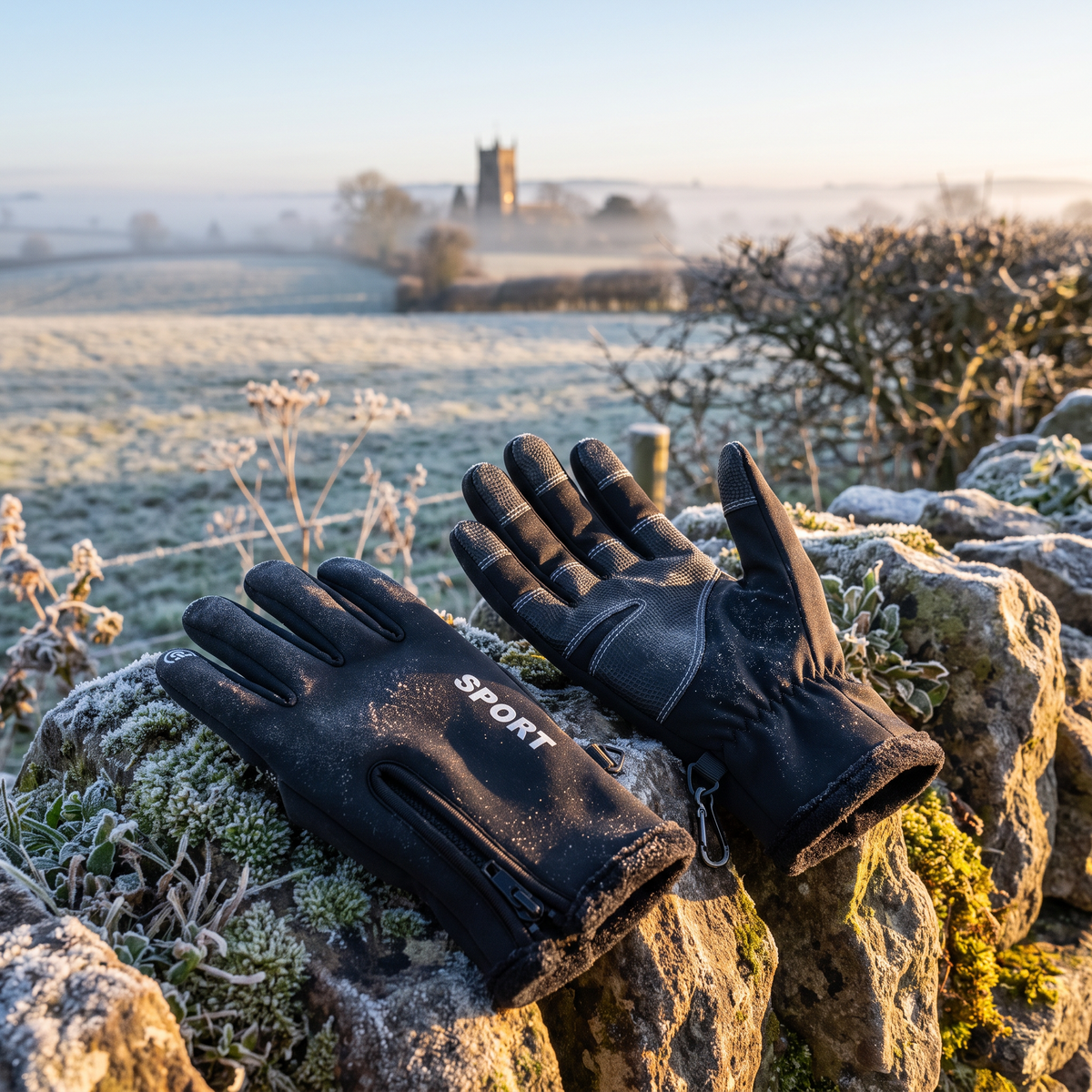 Royston's Windproof Winter Gloves in Sport Black on a frosty Somerset dry-stone wall