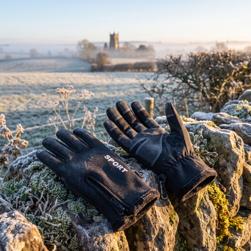 Royston's Windproof Winter Gloves in Sport Black on a frosty Somerset dry-stone wall