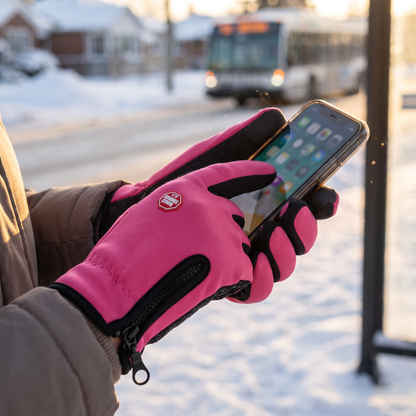 Rose Pink glove using a phone touchscreen at a snowy bus shelter