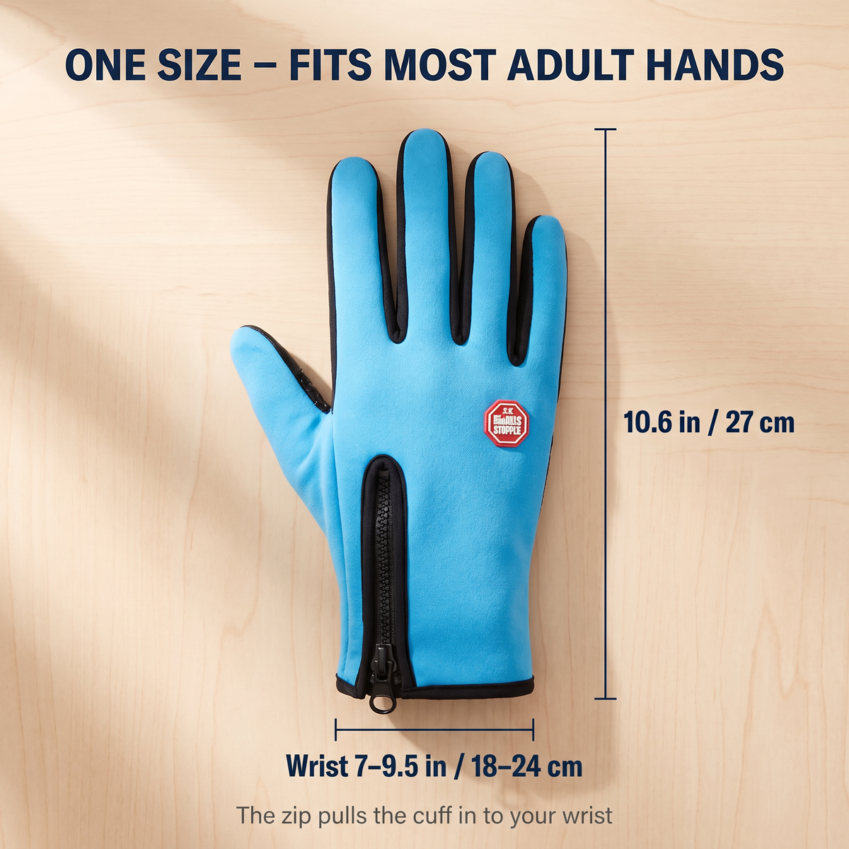 One size: 10.6 in / 27 cm long, fits wrists 7 to 9.5 in / 18 to 24 cm