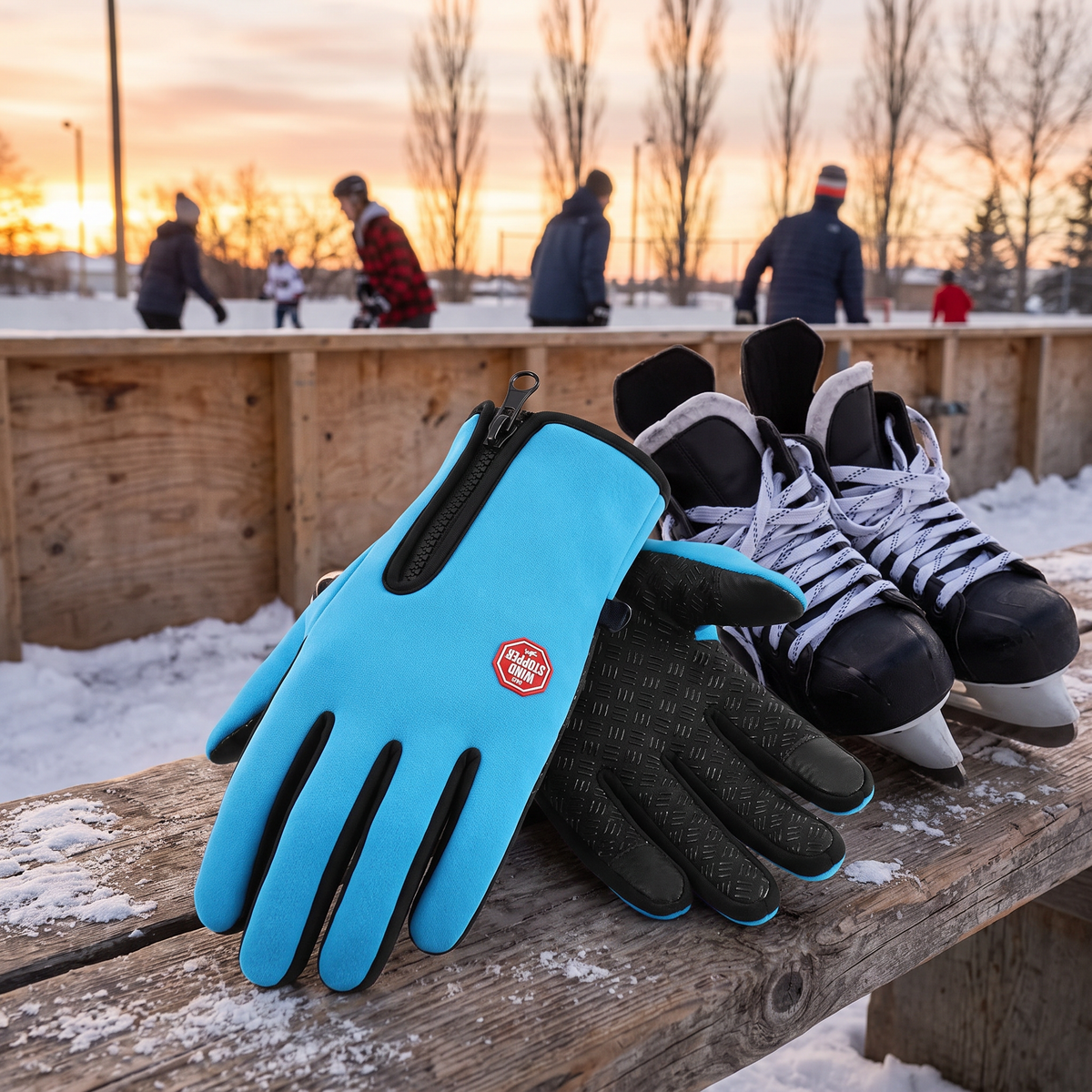 Sky Blue winter gloves by an outdoor skating rink