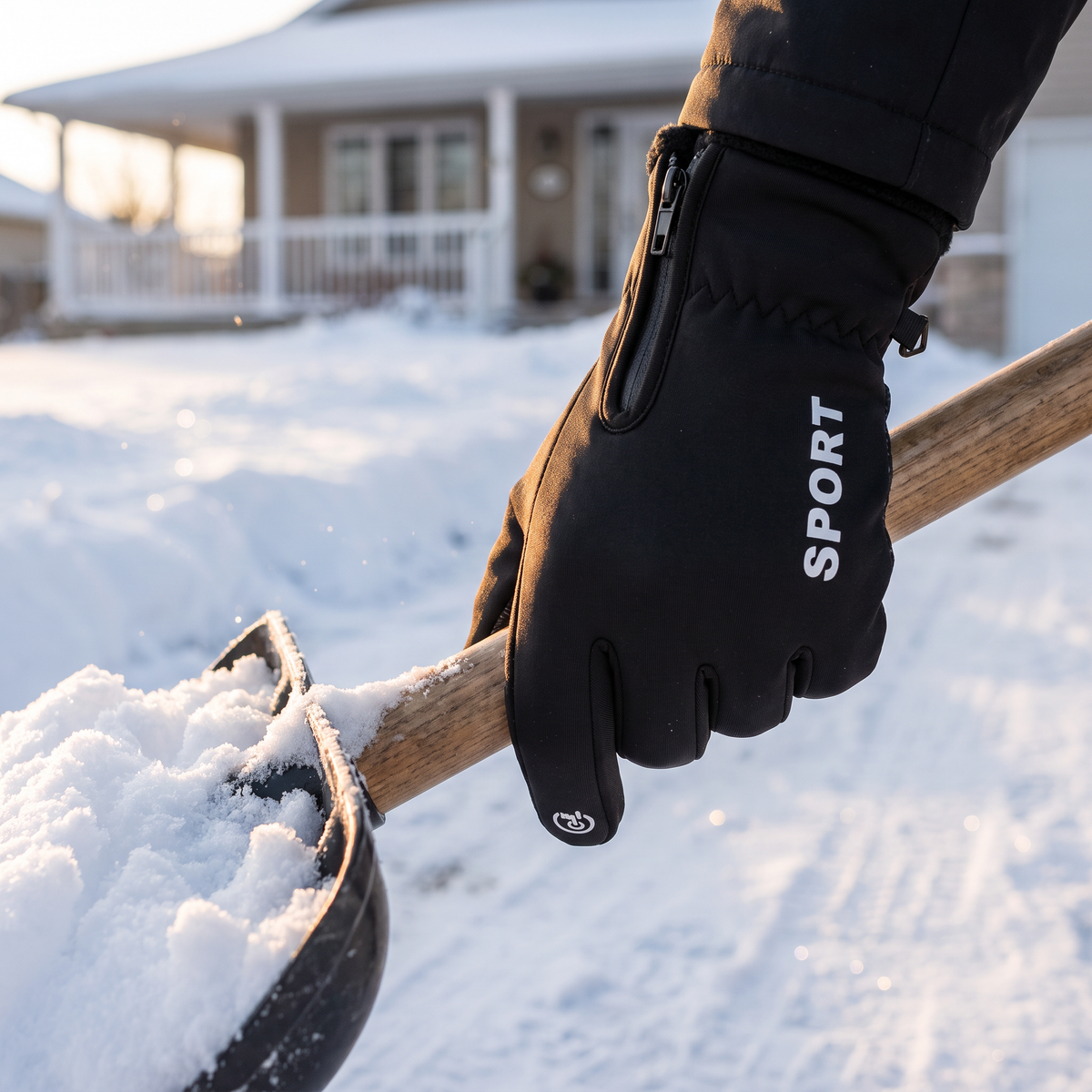 Sport Black glove gripping a snow shovel