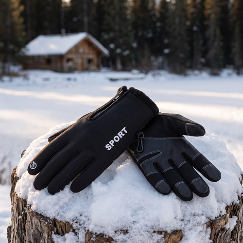 Orest's Windproof Winter Gloves in Sport Black on a snowy stump by a frozen lake
