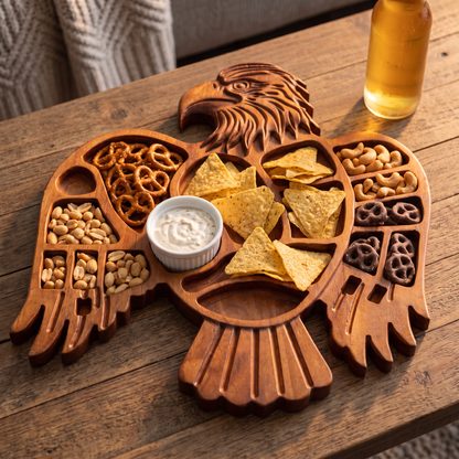 Eagle serving tray with game day snacks and dip