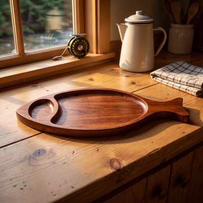 Hand-carved Trout serving tray on a cabin kitchen counter