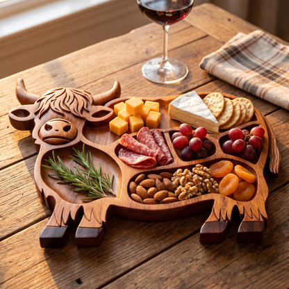 Highland Cow serving tray filled with cheese, salami, grapes and nuts