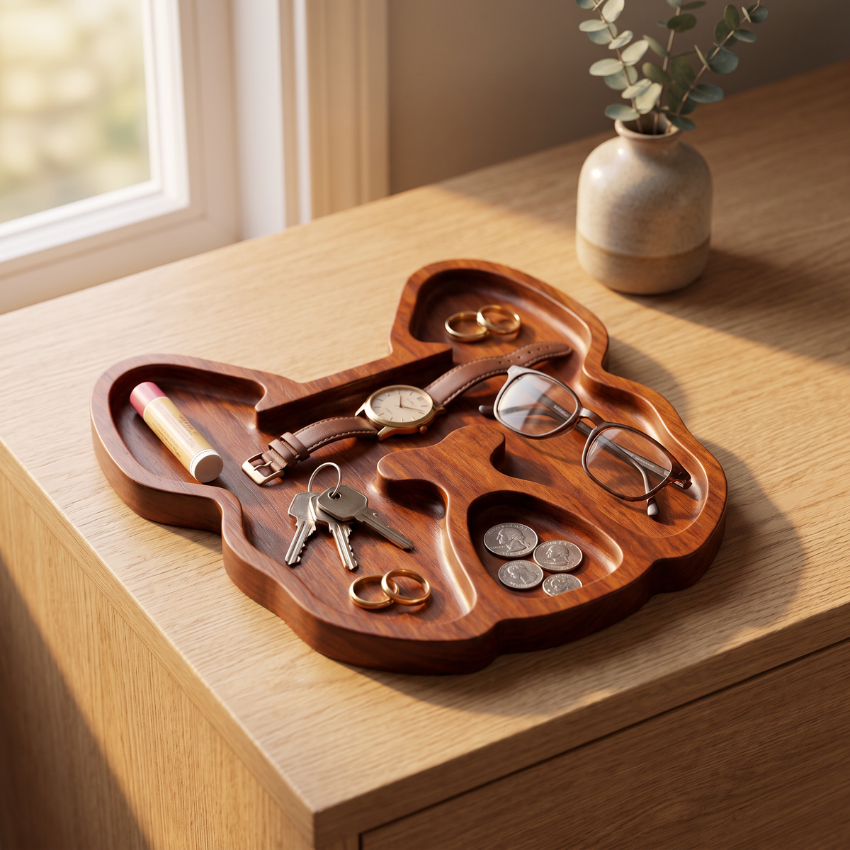 Bulldog serving tray used as a catch-all on a dresser