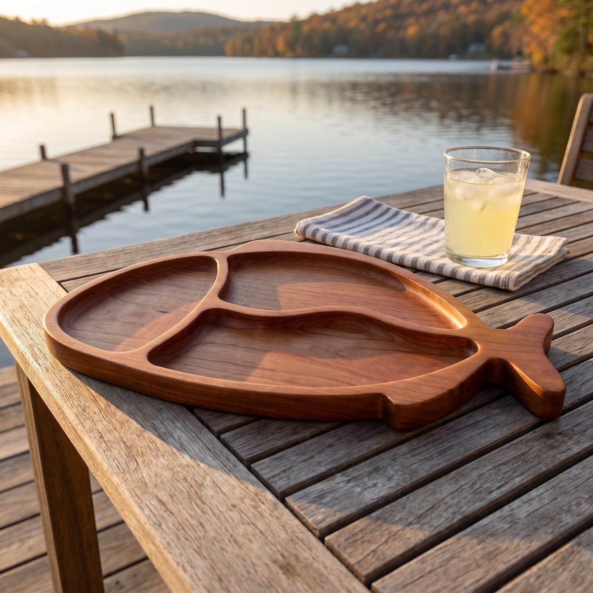 Hand-carved Bass serving tray on a lake house deck