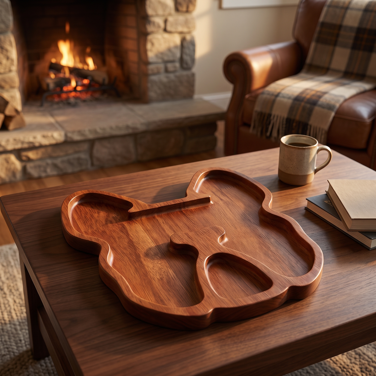 Hand-carved Bulldog serving tray on a coffee table