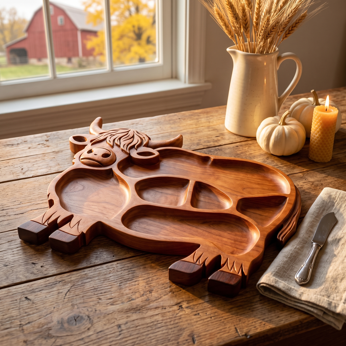 Hand-carved Highland Cow serving tray in black cherry on a farmhouse table