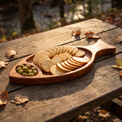 Trout serving tray with crackers, gouda and olives