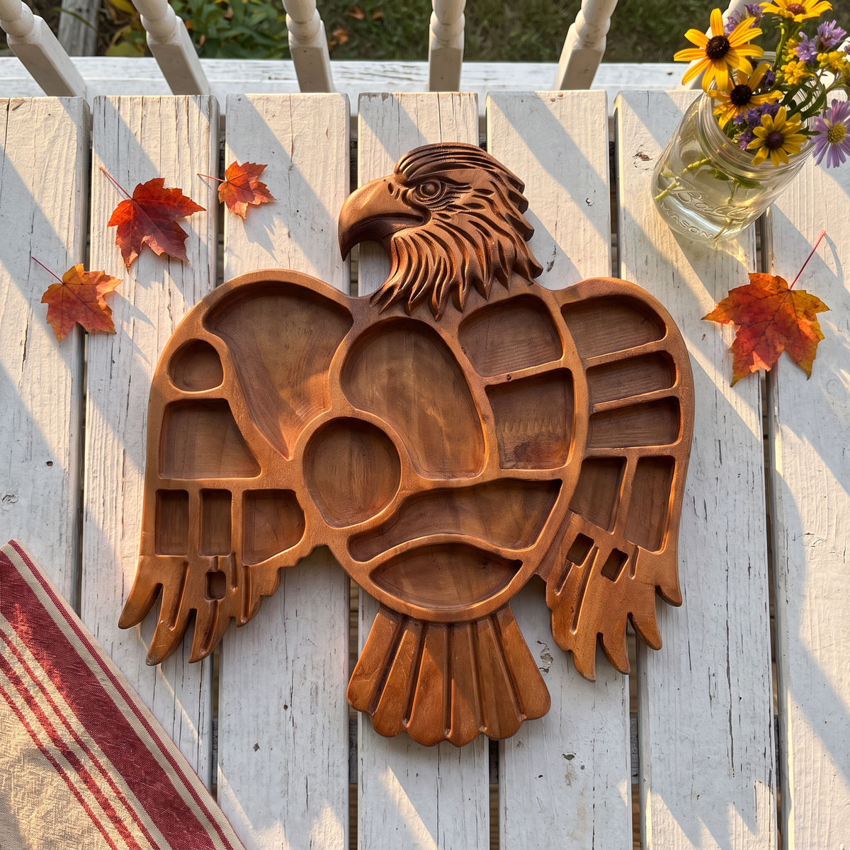 Hand-carved Eagle serving tray on a porch table