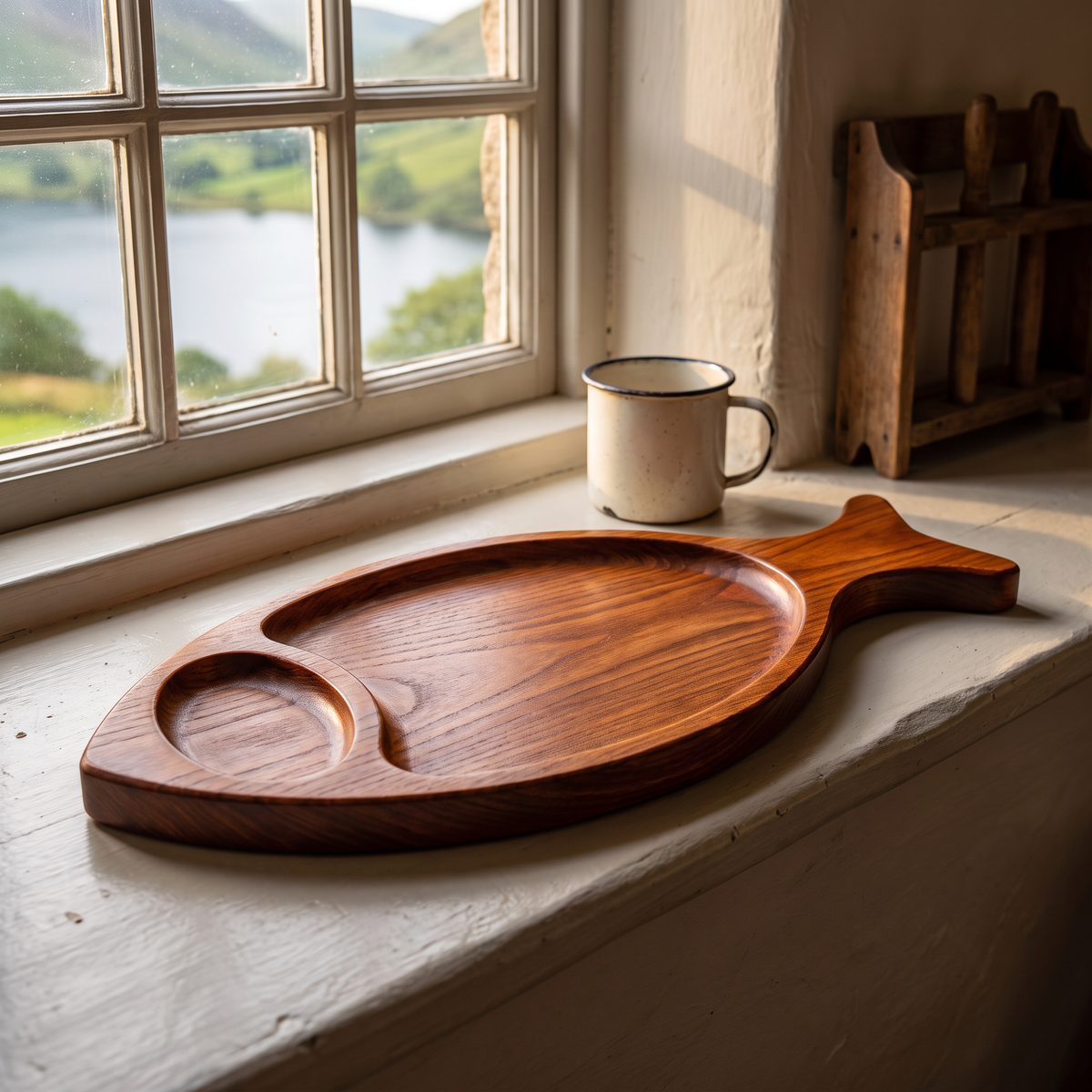 Hand-carved Trout serving tray on a Lake District cottage windowsill