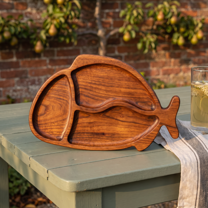 Hand-carved Carp serving tray on a garden table