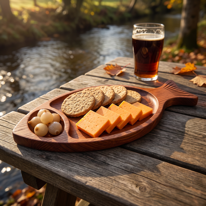Trout serving tray with oatcakes, Red Leicester and pickled onions