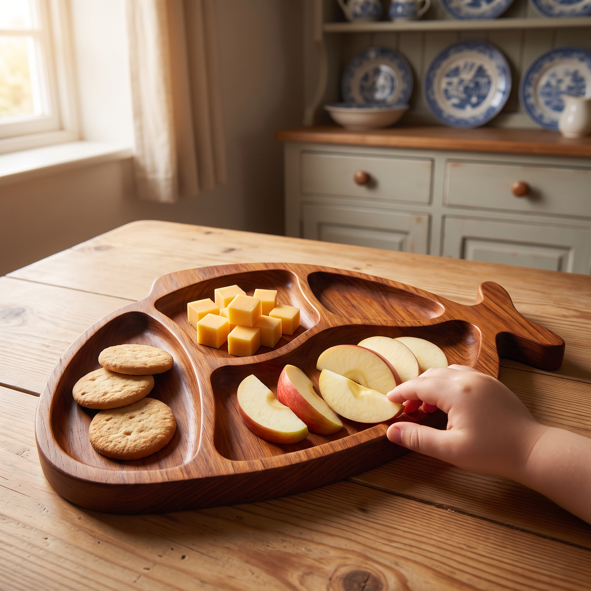 Carp serving tray with apple slices, cheddar and biscuits